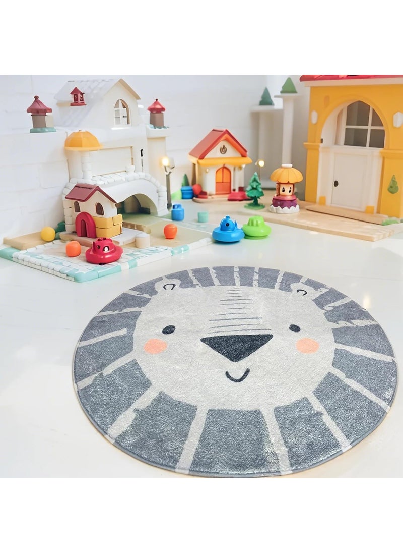 USTIDE USTIDE 4ft Lion Kids Play Rug Machine Washable Soft Wool Carpet for Toddlers Nursery NonSlip Round Circle Rug for Childrens Bedroom Grey  - Image 1