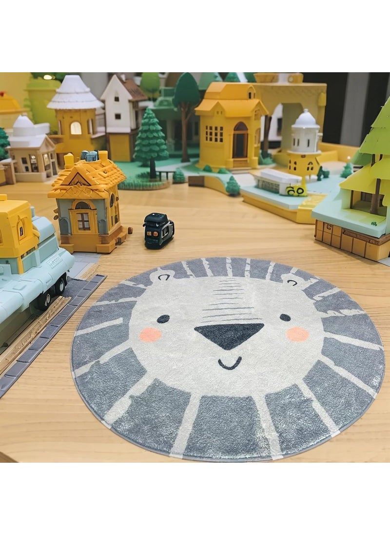 USTIDE USTIDE 4ft Lion Kids Play Rug Machine Washable Soft Wool Carpet for Toddlers Nursery NonSlip Round Circle Rug for Childrens Bedroom Grey  - Image 2