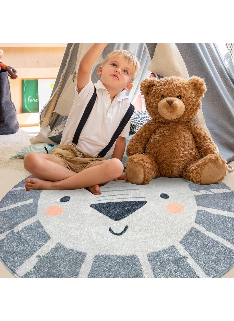 USTIDE USTIDE 4ft Lion Kids Play Rug Machine Washable Soft Wool Carpet for Toddlers Nursery NonSlip Round Circle Rug for Childrens Bedroom Grey  - Image 4