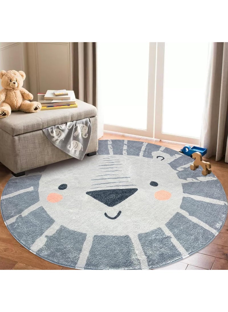 USTIDE USTIDE 4ft Lion Kids Play Rug Machine Washable Soft Wool Carpet for Toddlers Nursery NonSlip Round Circle Rug for Childrens Bedroom Grey  - Image 5