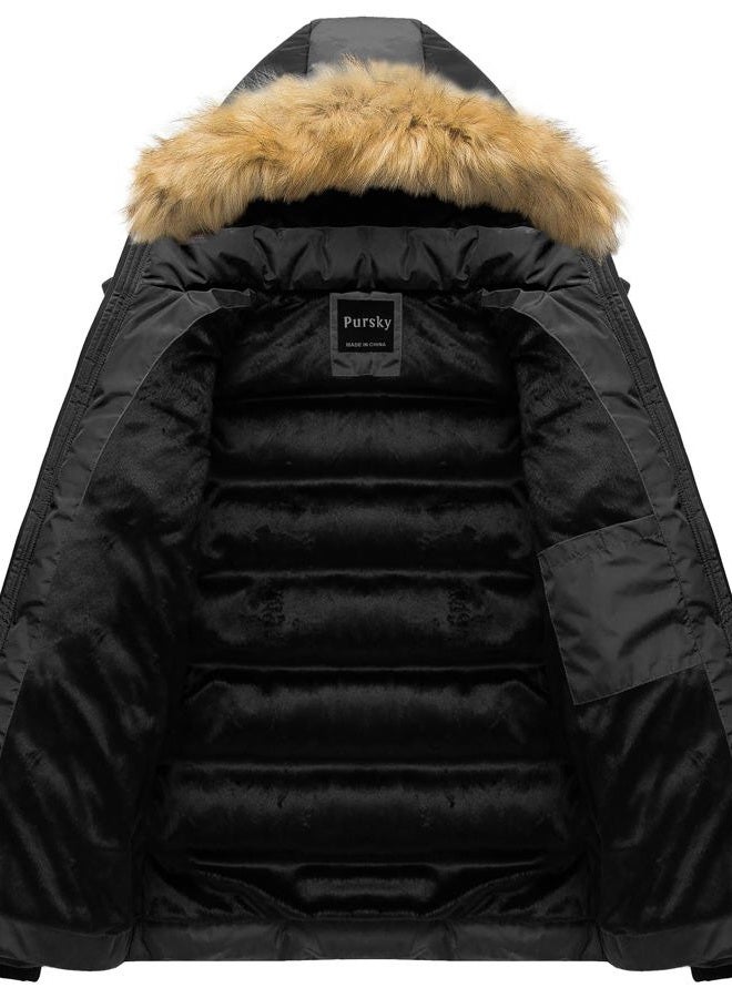 Pursky Men's Puffer Jacket Waterproof Winter Bubble Coats Ski Parka Fur Hooded, Black, X-Large - Image 3