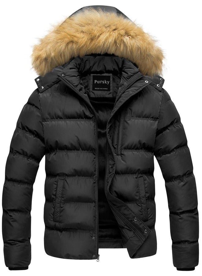 Pursky Men's Puffer Jacket Waterproof Winter Bubble Coats Ski Parka Fur Hooded, Black, X-Large - Image 1