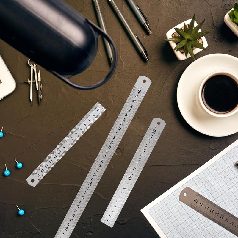 4pcs Stainless Steel Dual-Scale Measuring Ruler Set 15cm 20cm 30cm 40cm Precision Metal Rulers for School Office Engineering and Craft Layout Tools - Image 3