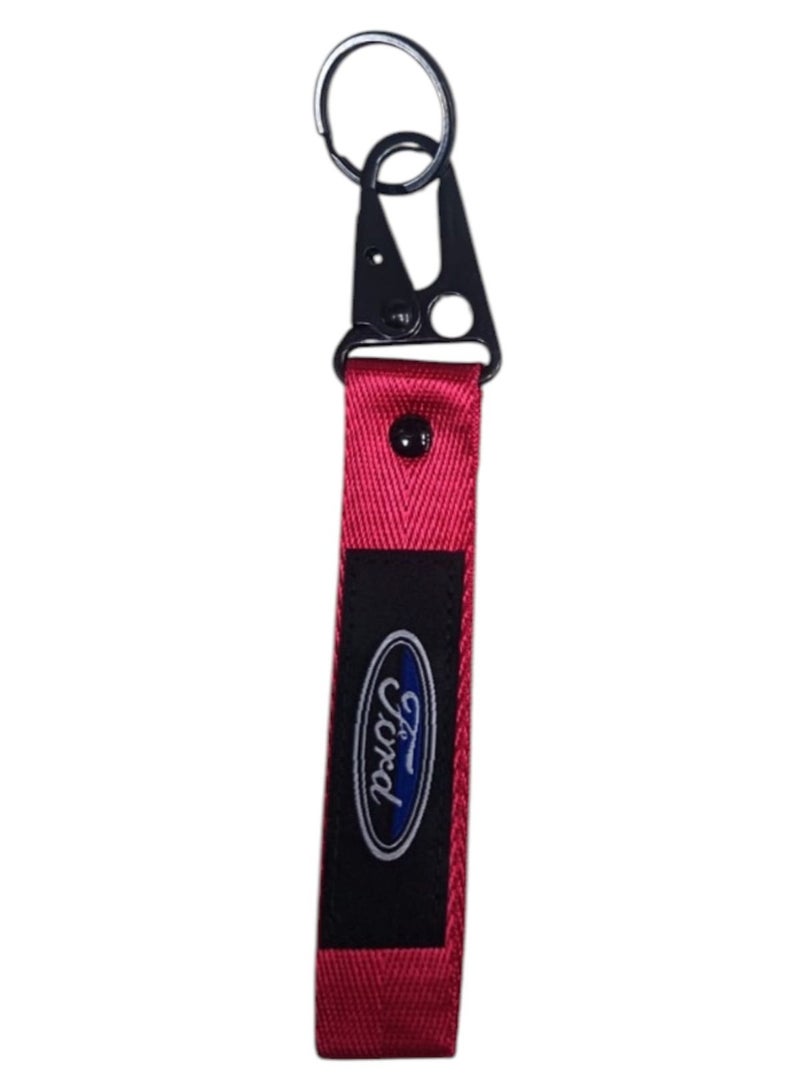 فورد تعليقة مفاتيح (Ford) -  شريط نسيج أحمر مع مشبك وحلقة معدنية سوداء - Image 2