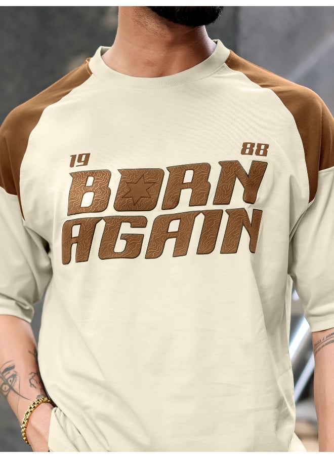Maniac Mens Printed Round Neck Raglan 3/4th Sleeve Biscuit and Brown Cotton T-Shirt  - Image 5