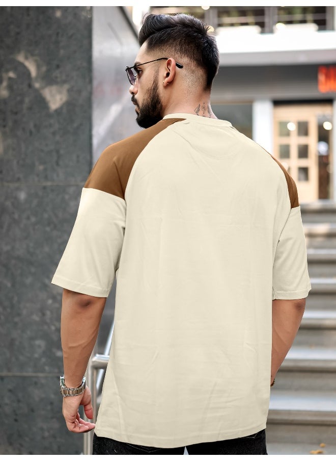 Maniac Mens Printed Round Neck Raglan 3/4th Sleeve Biscuit and Brown Cotton T-Shirt  - Image 4