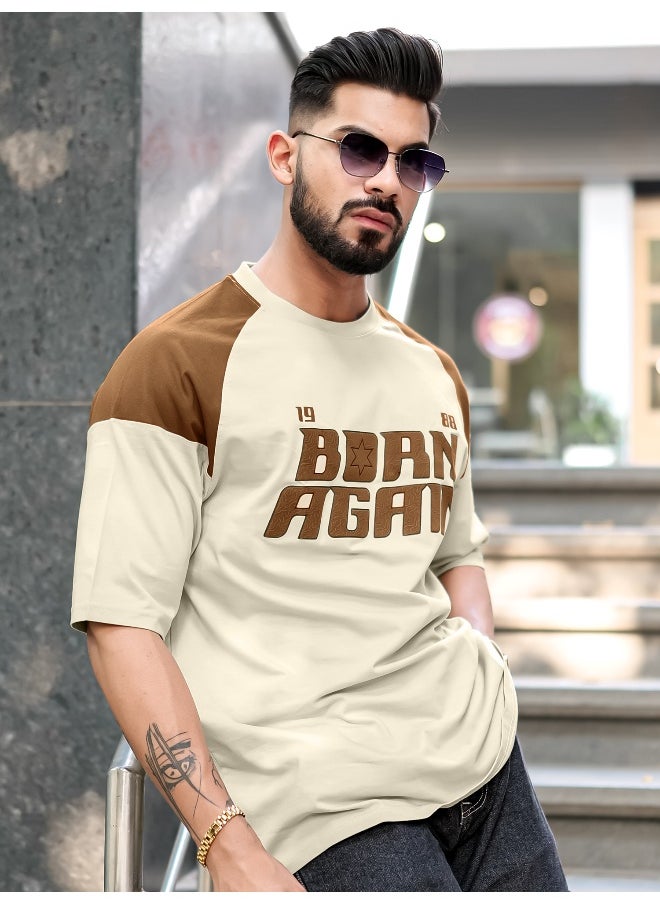 Maniac Mens Printed Round Neck Raglan 3/4th Sleeve Biscuit and Brown Cotton T-Shirt  - Image 3