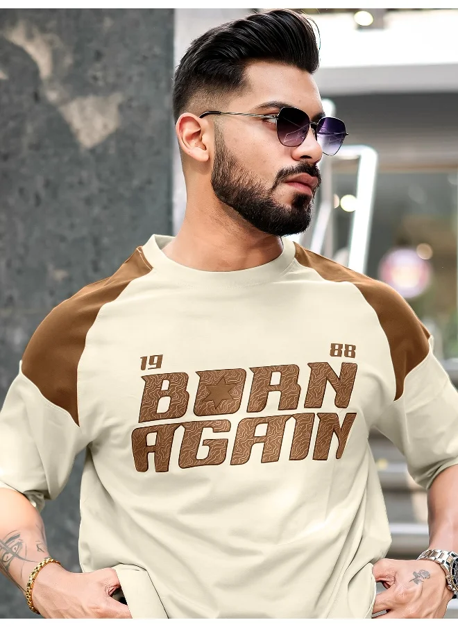 مانياك Mens Printed Round Neck Raglan 3/4th Sleeve Biscuit and Brown Cotton T-Shirt