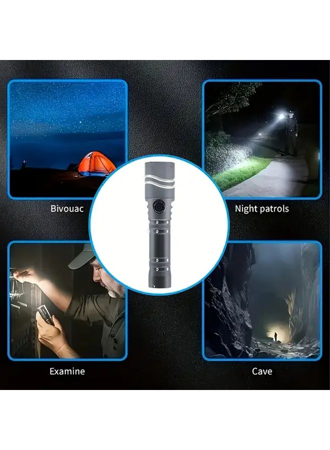 1 قطعة مصباح يدوي LED فضي قابل لتعديل البؤرة، هيكل ألومنيوم عالي اللمعان، مصباح سبوت لايت قابل لإعادة الشحن - Image 5