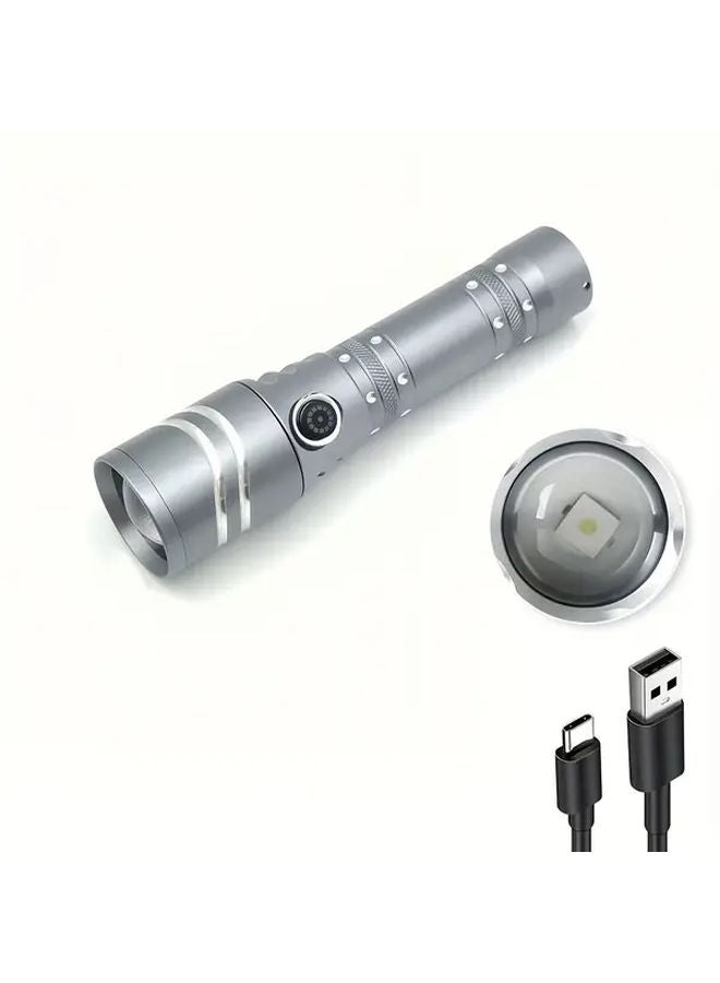 1 قطعة مصباح يدوي LED فضي قابل لتعديل البؤرة، هيكل ألومنيوم عالي اللمعان، مصباح سبوت لايت قابل لإعادة الشحن - Image 1