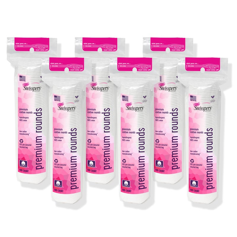 Swisspers Premium Cotton Rounds â€“ 100 Count (Pack of 6) - 100% Pure Cotton - Soft, Absorbent, Hypoallergenic Pads for Makeup Removal, Skincare, Baby Care and Facial Cleansing - Lint Free - Image 1