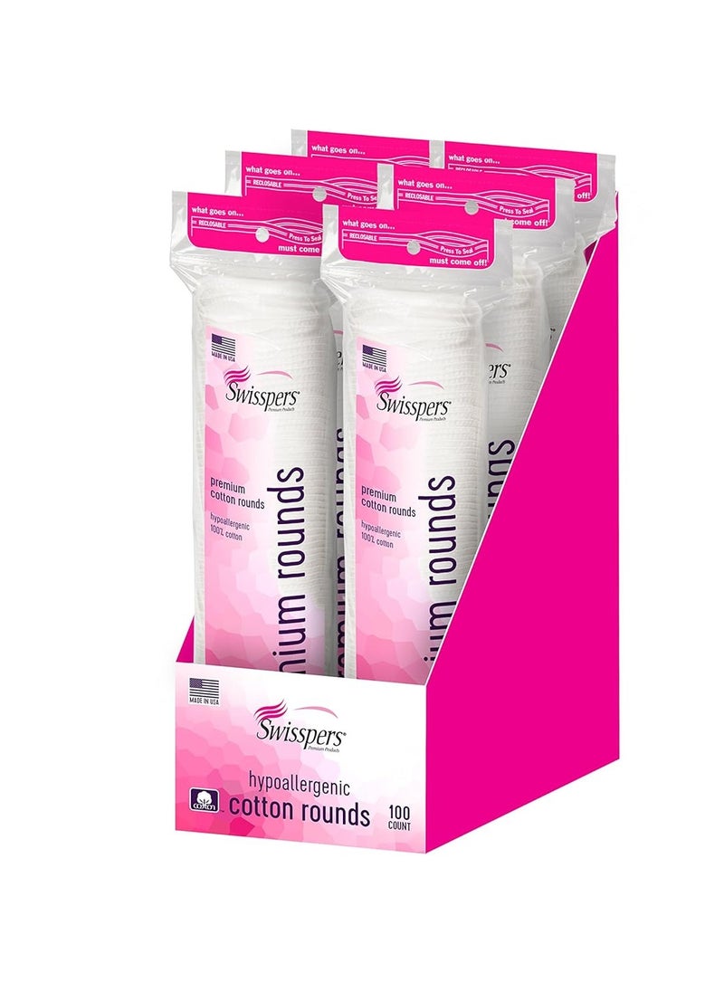 Swisspers Swisspers Premium 100% Natural Cotton Pads - Hypoallergenic Cotton Rounds for Face and Eye Cleansing, Makeup Removal - 100 Count Resealable Bag (Pack of 6)  - Image 1