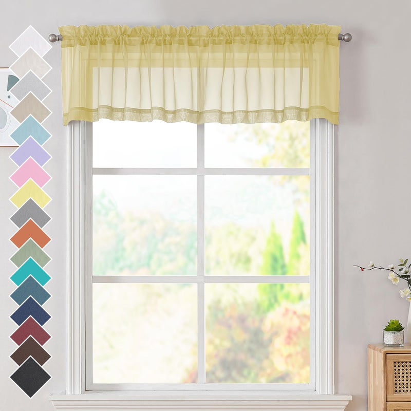 OVZME Mustard Yellow Window Valances Half Window Sheer Curtains  Modern Top Dual Rod Pocket Light Filtering Voile Drapes for Small Window Cafe Sheer Curtains 2 Panels  42W x 14L Inch - Image 1