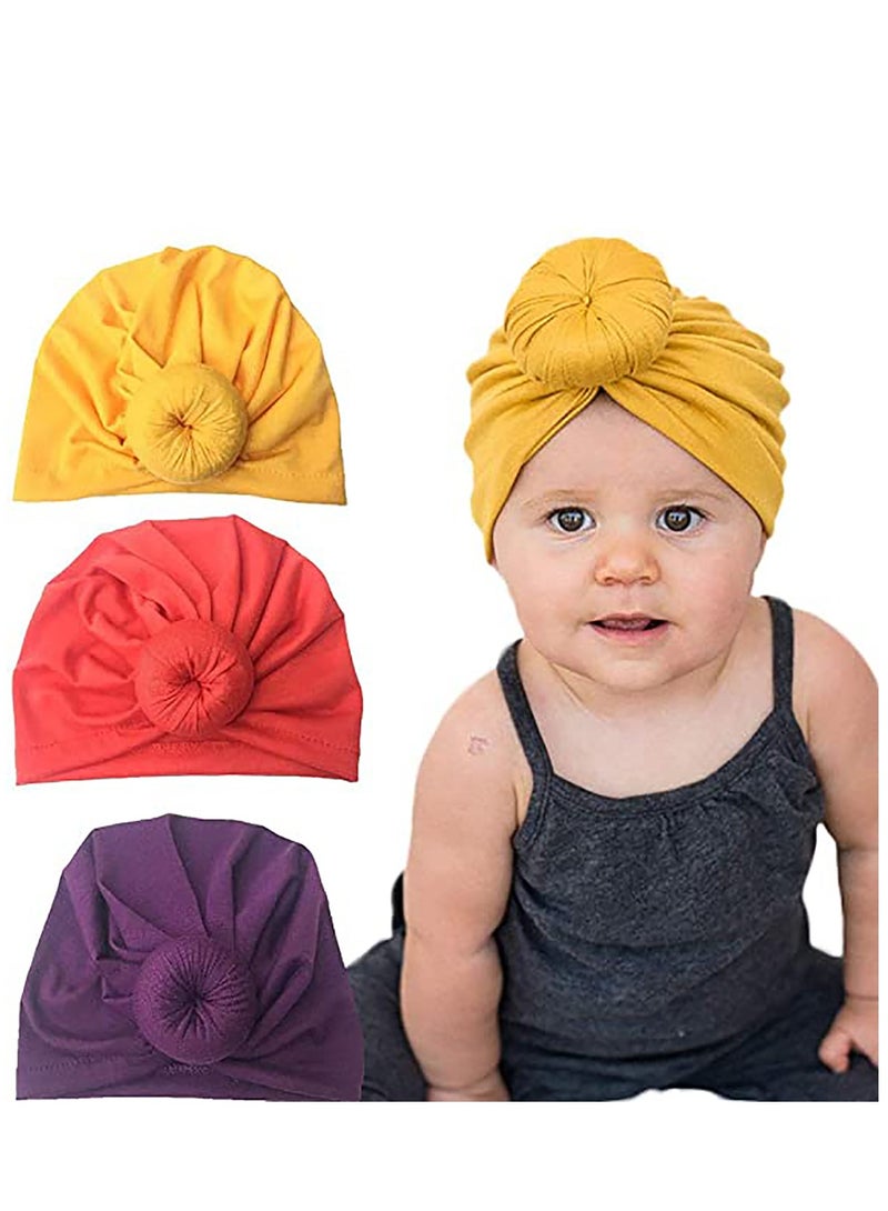 KASTWAVE 3 Pieces Nursery Turban Hat Cap, Beanie Bonnet with Knot Bow for Newborns Baby Girls Toddlers Infants, Soft Cute Toddler Cap - Image 1