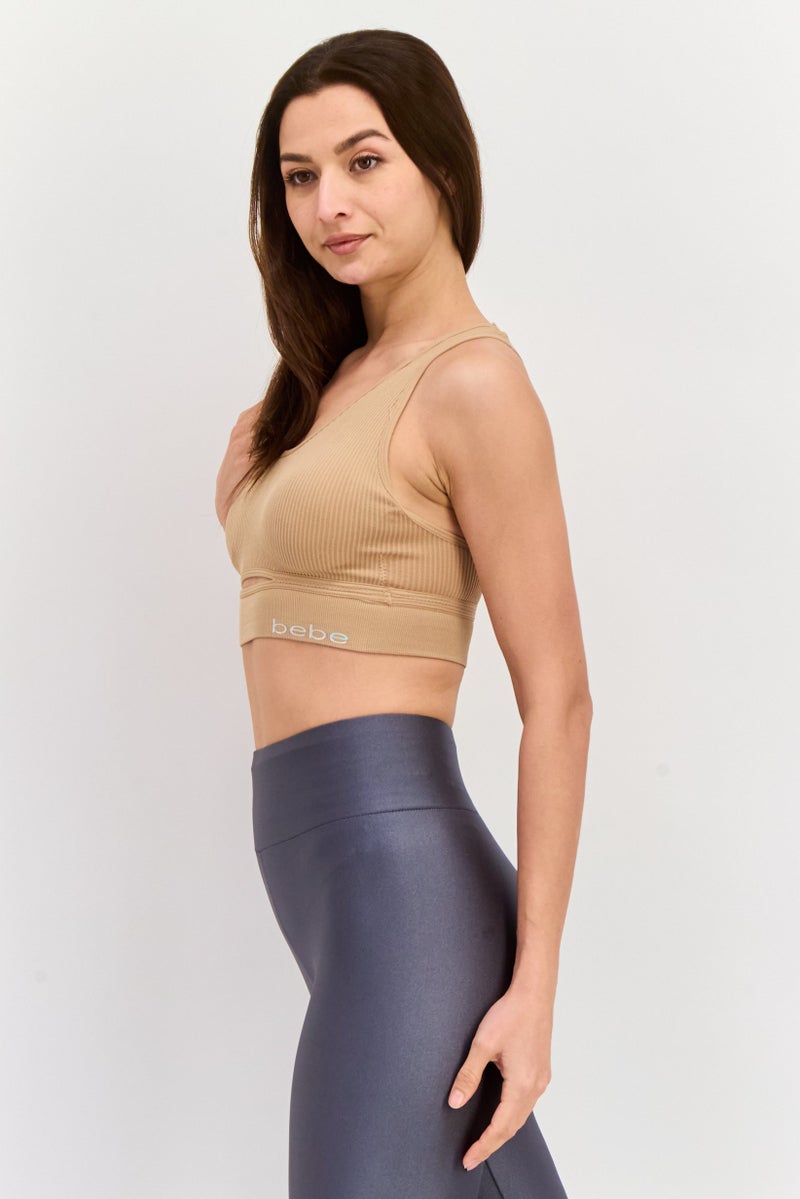 bebe Women 2Pcs Seamless Padded Sports Bra, Beige - Image 4