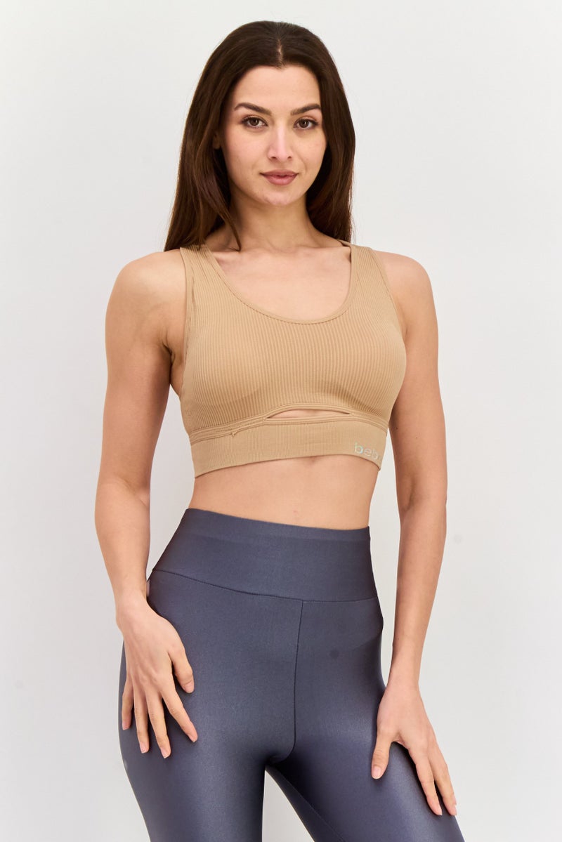 bebe Women 2Pcs Seamless Padded Sports Bra, Beige - Image 1