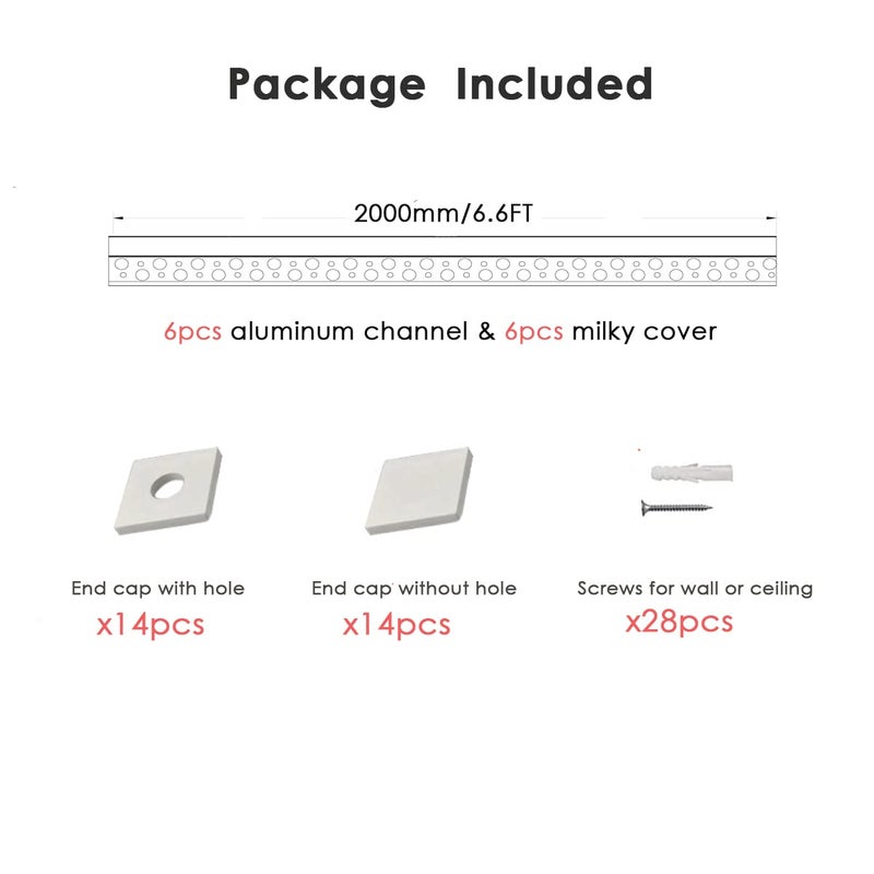 Besseto Plaster-in LED Channel 6 Pack 6.6FT/2 Meter Trim Edge Tile LED Strip Aluminum Channel, Trimless Recessed Drywall Aluminum LED Profile with Milky Diffuser and End Caps - Image 3