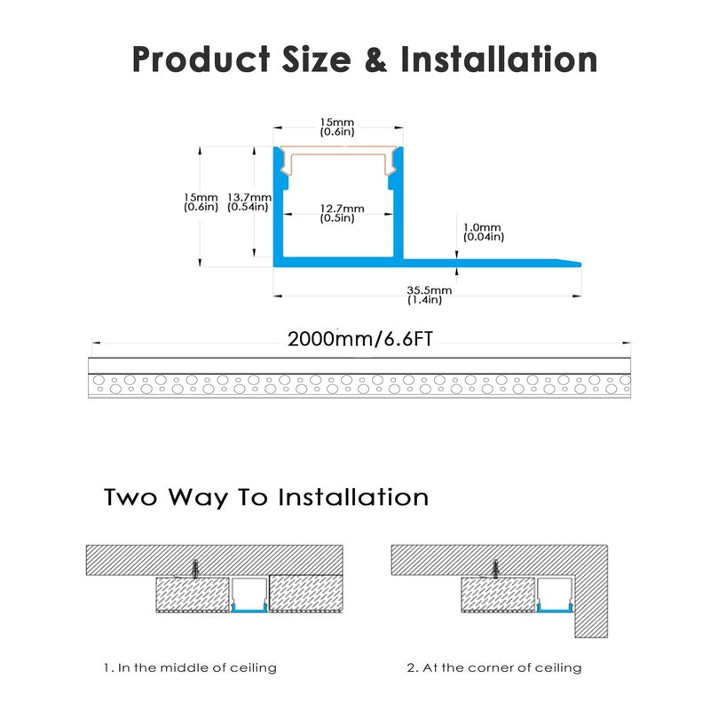 Besseto Plaster-in LED Channel 6 Pack 6.6FT/2 Meter Trim Edge Tile LED Strip Aluminum Channel, Trimless Recessed Drywall Aluminum LED Profile with Milky Diffuser and End Caps - Image 2