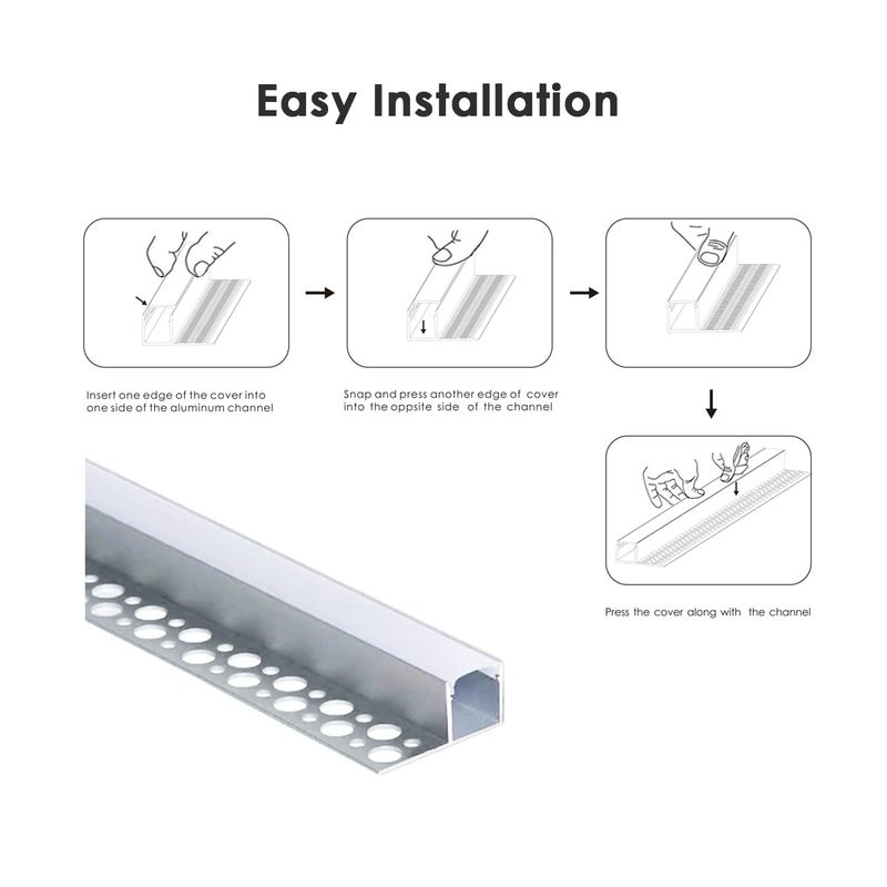 Besseto Plaster-in LED Channel 6 Pack 6.6FT/2 Meter Trim Edge Tile LED Strip Aluminum Channel, Trimless Recessed Drywall Aluminum LED Profile with Milky Diffuser and End Caps - Image 4