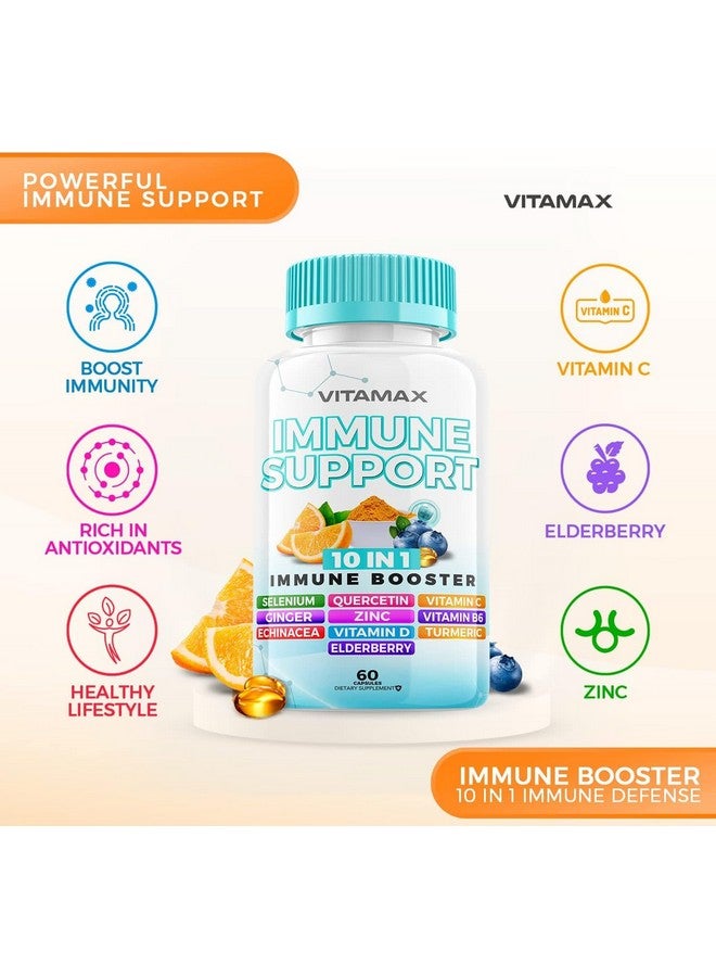Vitamax 10 في 1 معزز دعم جهاز المناعة مع البلسان، D3، السيلينيوم، الكيرسيتين، الزنك، فيتامين C، الزنجبيل، الكركم الكركمين، B6، الإخناسيا - دفاع طبيعي عن المناعة - صنع في الولايات المتحدة (60 حبة (عبوة من 1)) - Image 2