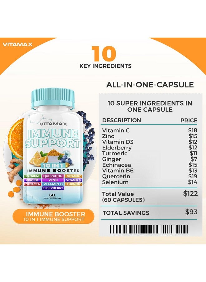 Vitamax 10 في 1 معزز دعم جهاز المناعة مع البلسان، D3، السيلينيوم، الكيرسيتين، الزنك، فيتامين C، الزنجبيل، الكركم الكركمين، B6، الإخناسيا - دفاع طبيعي عن المناعة - صنع في الولايات المتحدة (60 حبة (عبوة من 1)) - Image 5