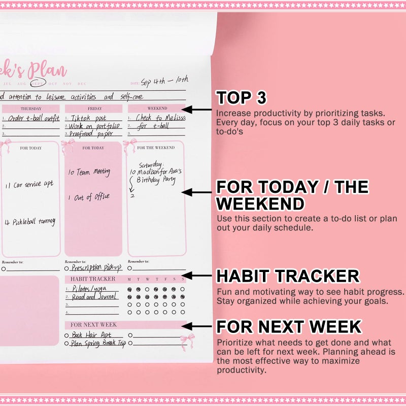 Marspark Pink Bow Weekly To Do List Notepad 8.5 x 11 Inch Weekly Desk Planner with 52 Tear off Sheets Undated Calendar Organizing Habit Tracker, Goals & Schedules for Home School and Work - Image 3