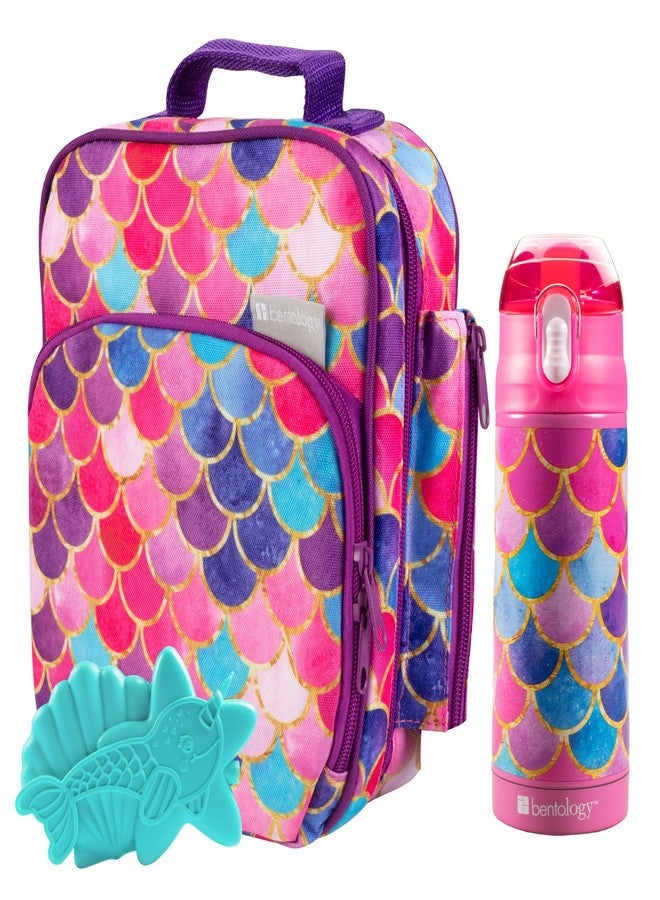 Bentology Kids Lunch Bag Set w Matching Reusable Water Bottle & Hard Ice Pack- Pink Purple Mermaid- Insulated Tote, Stainless Steel Insulated Thermos, Hard Ice Pack- Back to School Lunchbox Kits - Image 1