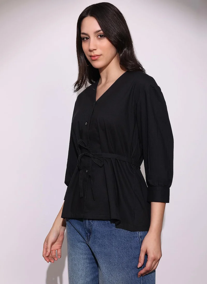 globus Globus Women Black V-Neck Cuffed Sleeves Tie-Up Detail Workwear Tailored Fit Shirt