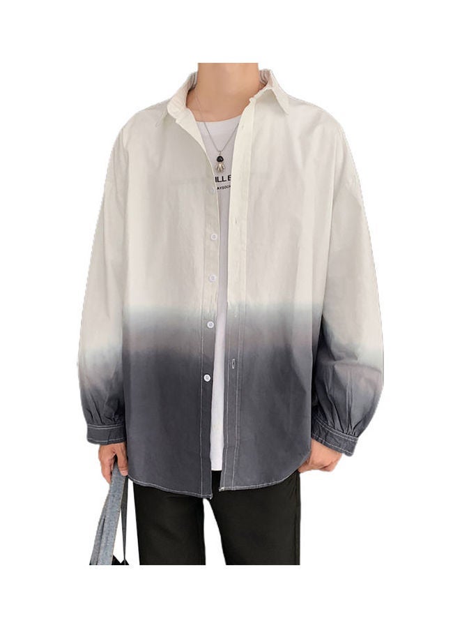 NIBEMINENT Fashion Color Gradient Long Sleeves Turn-down Collar Men Casual Top Shirt Coat White  - Image 1