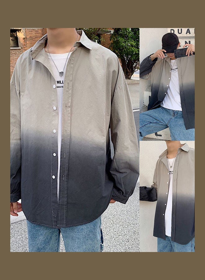 NIBEMINENT Fashion Color Gradient Long Sleeves Turn-down Collar Men Casual Top Shirt Coat White  - Image 4