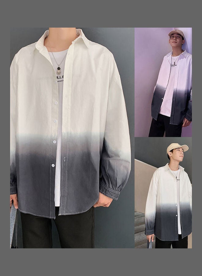NIBEMINENT Fashion Color Gradient Long Sleeves Turn-down Collar Men Casual Top Shirt Coat White  - Image 3