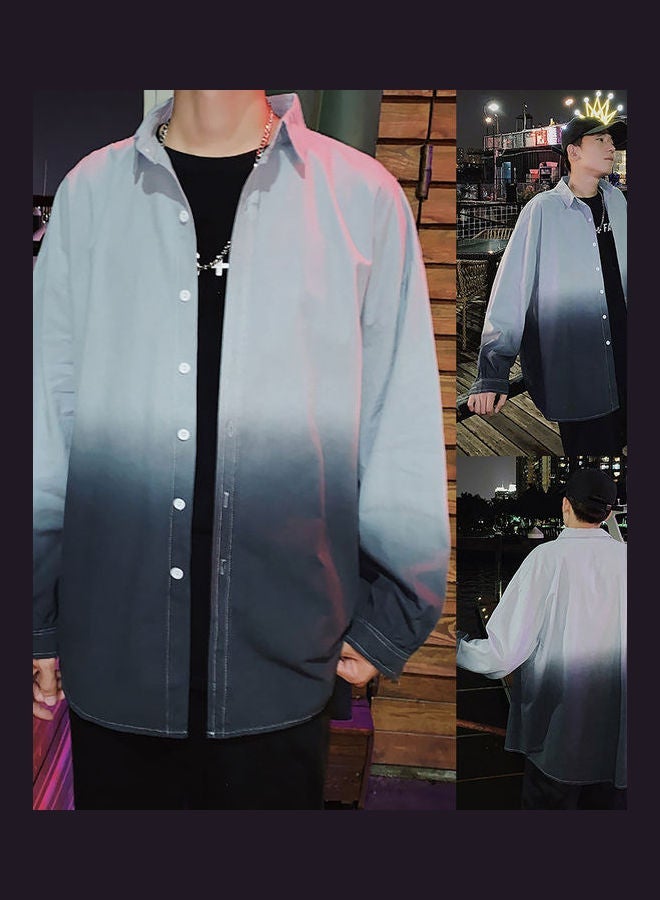 NIBEMINENT Fashion Color Gradient Long Sleeves Turn-down Collar Men Casual Top Shirt Coat White  - Image 5