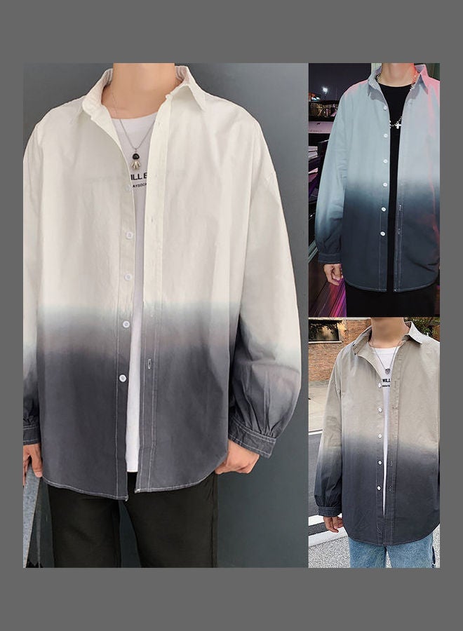 NIBEMINENT Fashion Color Gradient Long Sleeves Turn-down Collar Men Casual Top Shirt Coat White  - Image 2