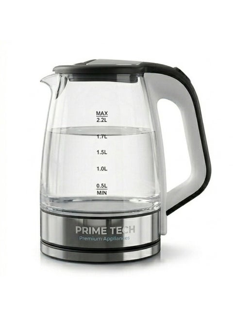 PRIME TECH Electric Kettle Glass 2.2 Liter, 1500 Watt, Fast Heating Water Boiler, Auto Shut-Off, Heat Resistant Handle, Cordless Tea & Coffee Kettle, Black