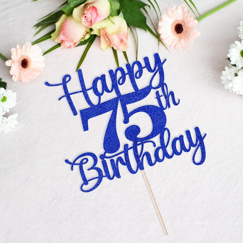 Kaoenla Glitter Happy 75th Birthday Cake Topper Hello 75 Cheers to 75 Years 75th Anniversary /75 years old birthday Party Decor (75th  blue) - Image 2