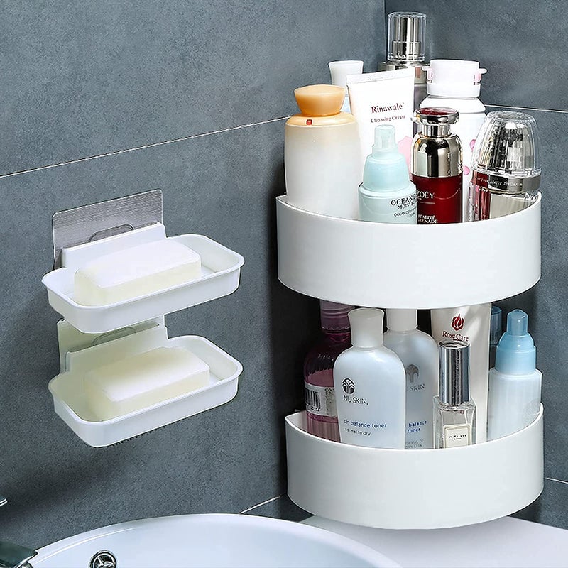 WEZOSHINET Wall Shelves 2 Pc with 2 Soap Cases Round Corner Kitchen Bathroom Shelf SelfAdhesive Sticker Hooks Multipurpose Wall Holder Bathroom Storage Rack Box 2 Triangle 2 soap Box - Image 1