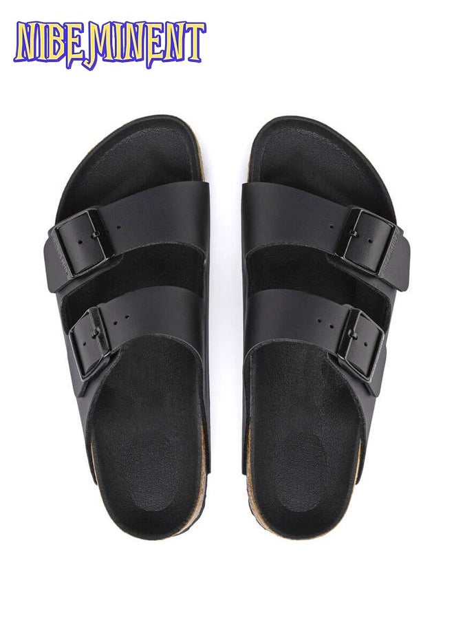 NIBEMINENT - Cork Slippers for Men and Women with Double Row Belt Buckle Sandals, Beach Shoes, Haken Shoes Black/Black - Image 1