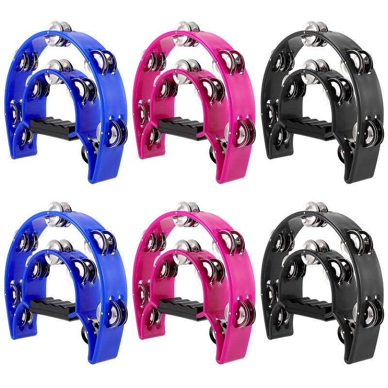 KOHAND 6 Packs 9 Inch Half Moon Tambourine Double Row Tambourine Handheld Tambourine with Ergonomic Handle Plastic Musical Percussion Tambourines Black Blue Magenta
