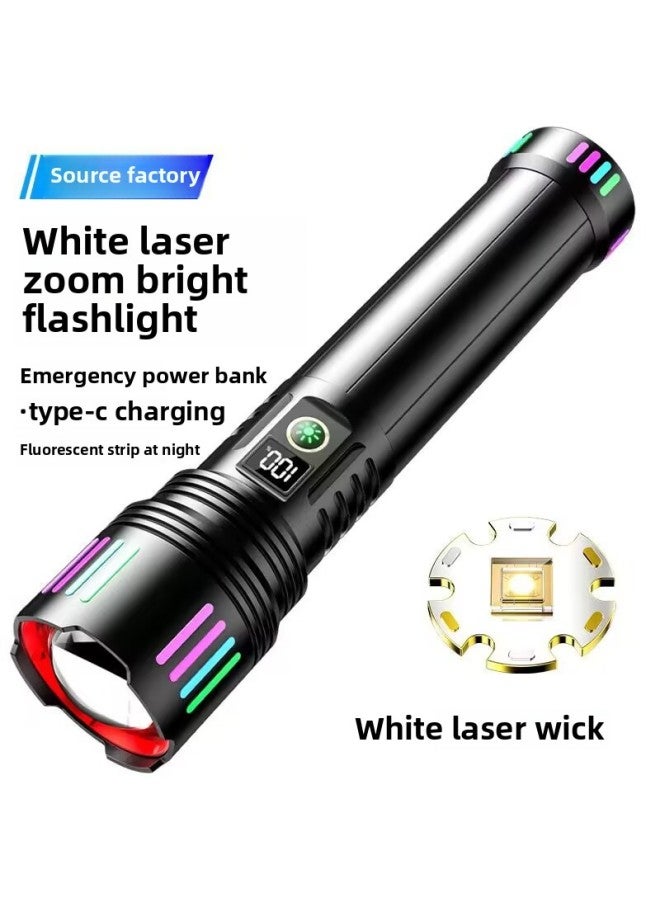 White Laser Telescopic Zoom Flashlight Fluorescent Color LED Display Long-lasting Super Bright Long-range Flashlight 