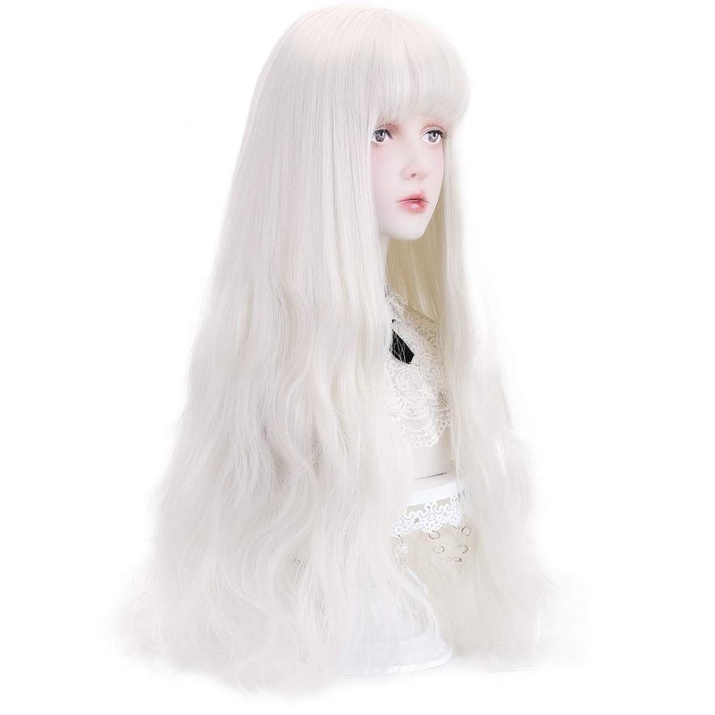 STYLER Long White Synthetic Wig with Bangs  Natural Long Wavy Cosplay Wigs for Women Halloween Christmas 30 White