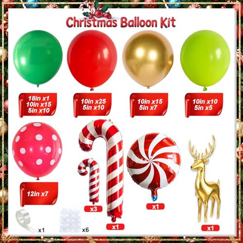 Froova Christmas Balloon Garland Arch Kit 111Pcs Red Green Gold Balloons with Candy Cane Gold Reindeer Foil Balloons for Christmas Winter Holiday Birthday Party New Year Decorations - Image 5