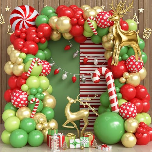 Froova Christmas Balloon Garland Arch Kit 111Pcs Red Green Gold Balloons with Candy Cane Gold Reindeer Foil Balloons for Christmas Winter Holiday Birthday Party New Year Decorations - Image 1
