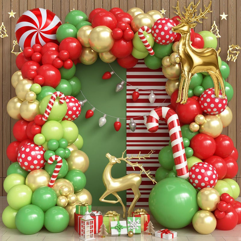 Froova Christmas Balloon Garland Arch Kit 111Pcs Red Green Gold Balloons with Candy Cane Gold Reindeer Foil Balloons for Christmas Winter Holiday Birthday Party New Year Decorations - Image 3