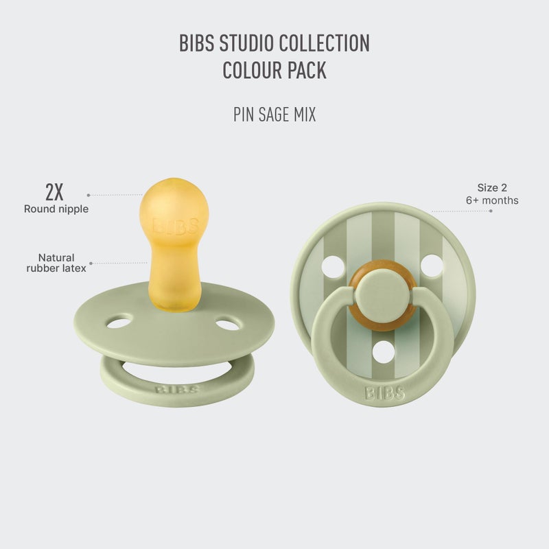 BIBS Pacifiers - Studio 2 Pack | Round Nipple Baby Pacifier | BPA Free Natural Rubber Latex Soother | Made in Denmark | Size 6+ Months | Pin Sage - Image 2
