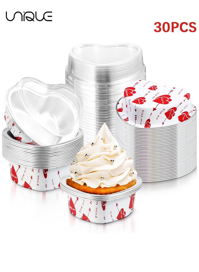 Unique 30 Sets Heart Shaped Cake Pans with Lids Mini Aluminum Foil Cake Pans 100 Ml/ 3.4 oz Cupcake Cup Flan Baking Cups Liners Muffin Tins for Wedding Birthday Party (White) - Image 1