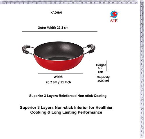 SJE WARE Sjeware Nonstick Flat Dosa Tawa and Kadai Combo Set, Red - Image 3