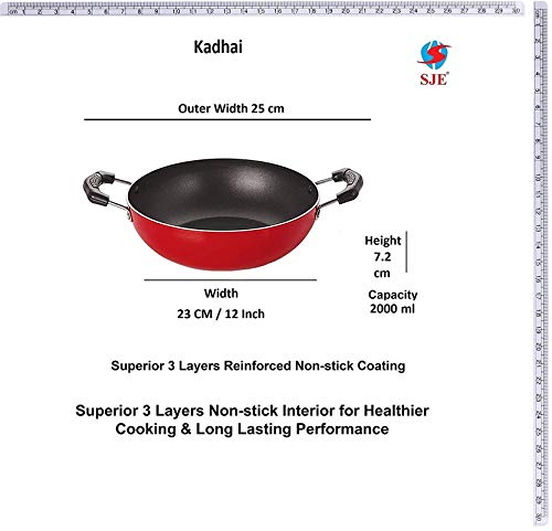 SJE WARE Sjeware Nonstick Flat Dosa Tawa and Kadai Combo Set, Red - Image 4