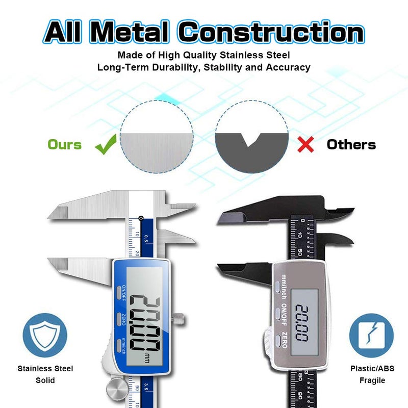 Qfun Digital Caliper, 0-6inch Caliper Measuring Tool Extreme Accuracy IP54 Waterproof Electronic Vernier Caliper Stainless Steel Digital Micrometer with Extra Large LCD Screen - Image 5