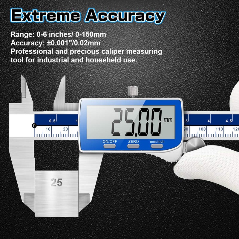 Qfun Digital Caliper, 0-6inch Caliper Measuring Tool Extreme Accuracy IP54 Waterproof Electronic Vernier Caliper Stainless Steel Digital Micrometer with Extra Large LCD Screen - Image 2