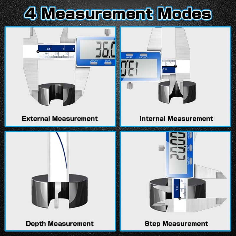 Qfun Digital Caliper, 0-6inch Caliper Measuring Tool Extreme Accuracy IP54 Waterproof Electronic Vernier Caliper Stainless Steel Digital Micrometer with Extra Large LCD Screen - Image 3